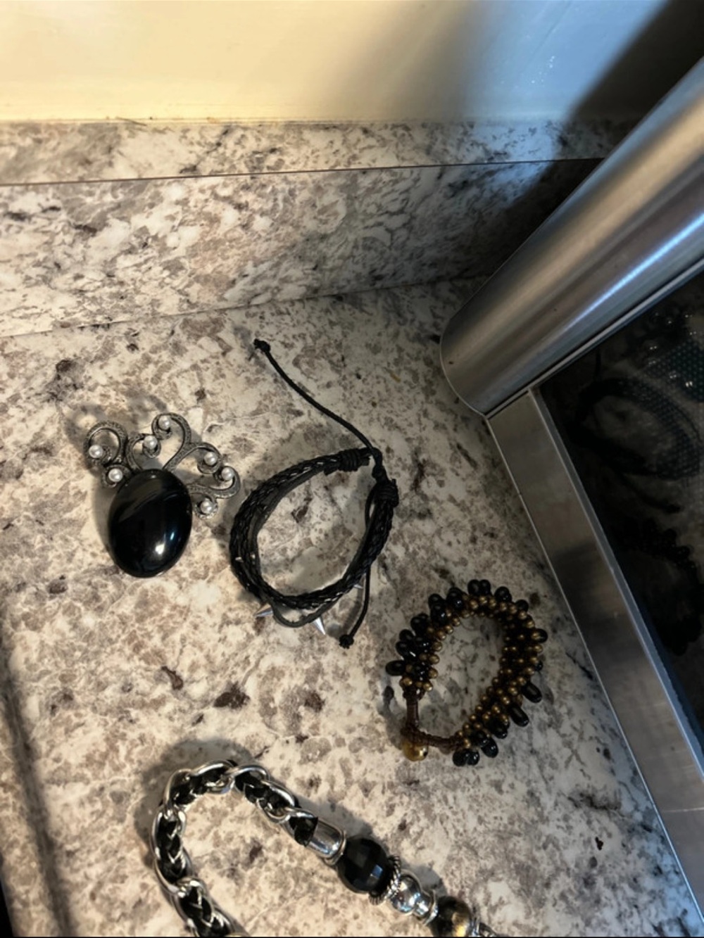 Black Stone Pendant with Mixed Bead & Leather Bracelets